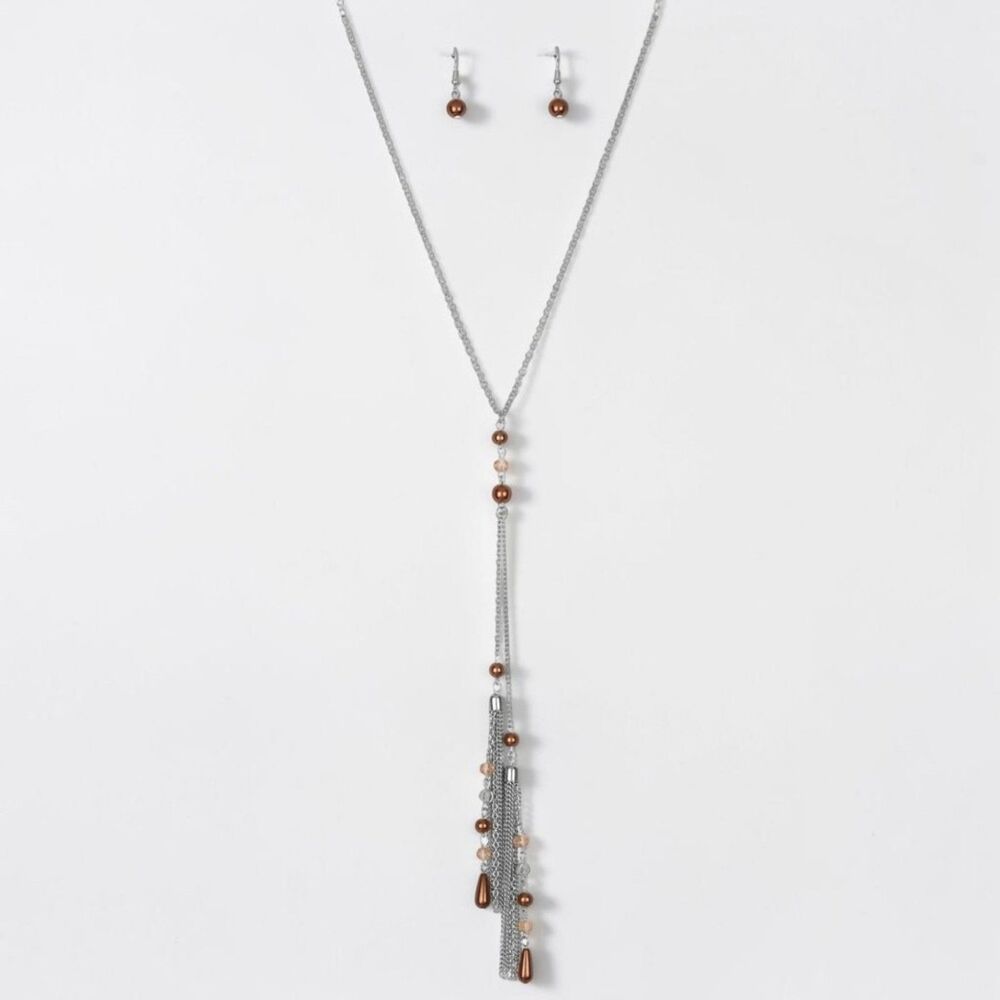 Silver Tone Tassel Necklace & Earrings Set, Copper Tone Beads, Boho Jewelry - Picture 3 of 9